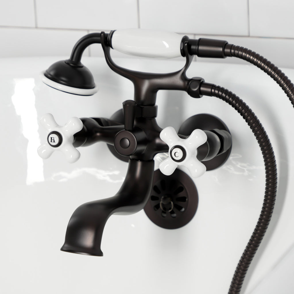 Kingston Three-Handle 2-Hole Tub Wall Mount Clawfoot Tub Faucet with Hand Shower