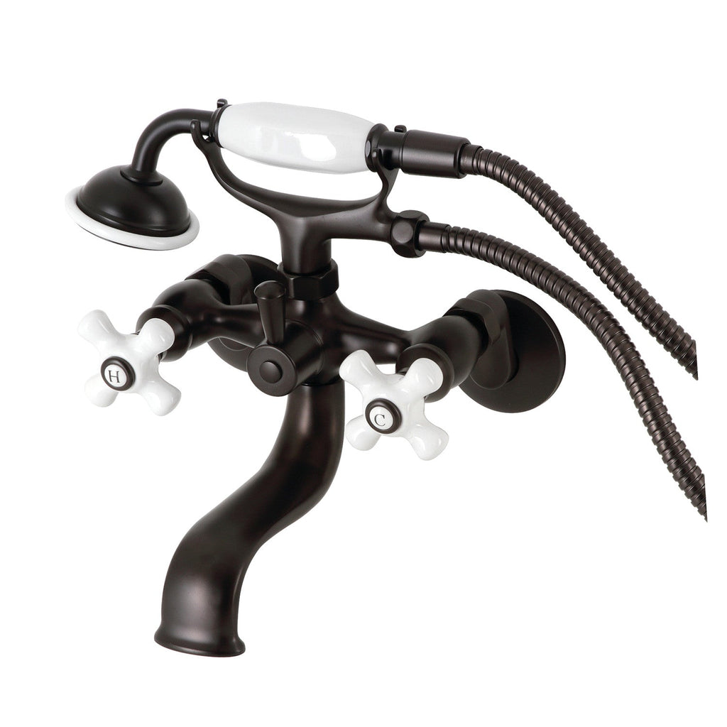 Kingston Three-Handle 2-Hole Tub Wall Mount Clawfoot Tub Faucet with Hand Shower