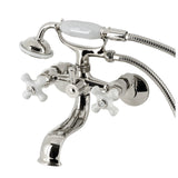 Kingston Three-Handle 2-Hole Tub Wall Mount Clawfoot Tub Faucet with Hand Shower
