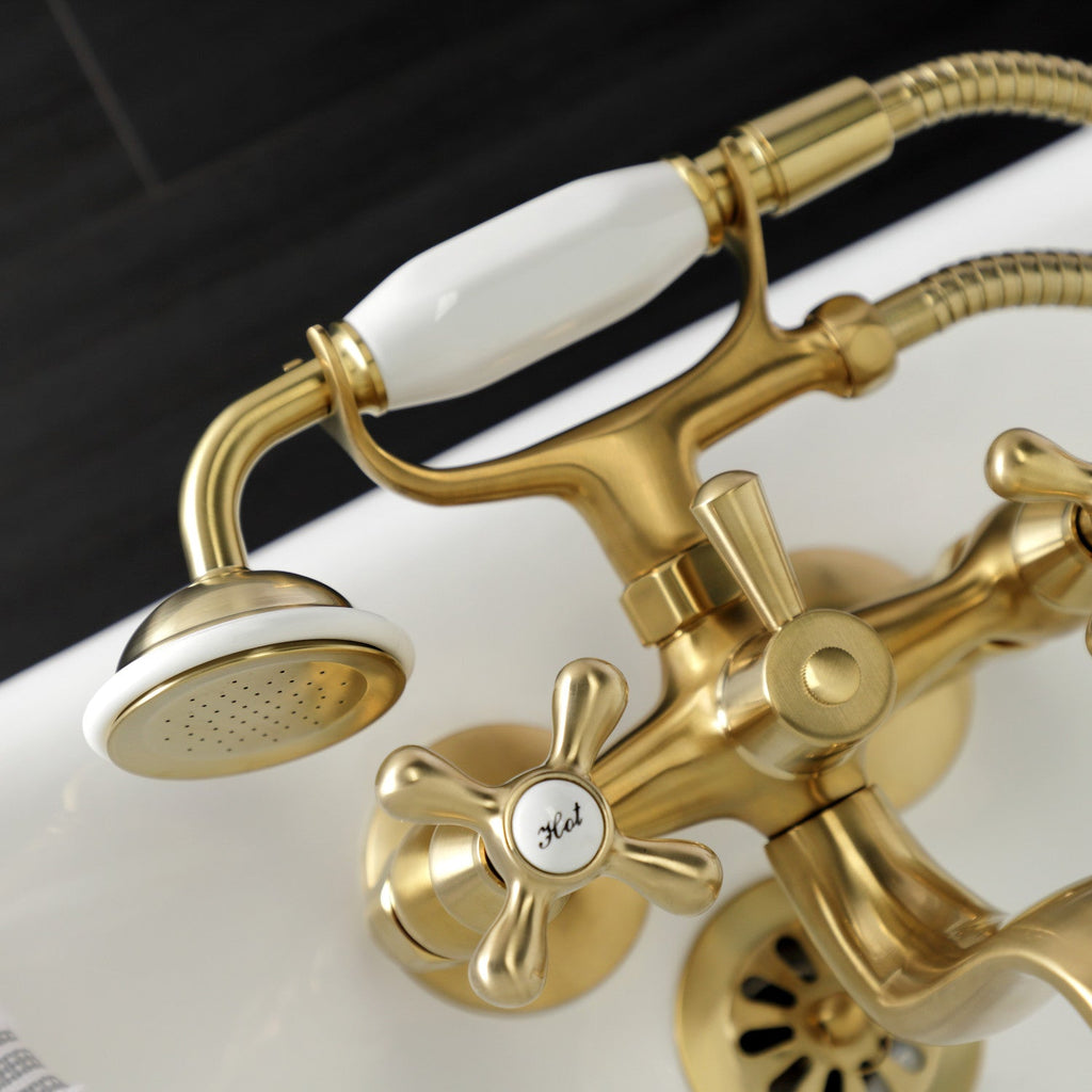 Kingston Three-Handle 2-Hole Tub Wall Mount Clawfoot Tub Faucet with Handshower