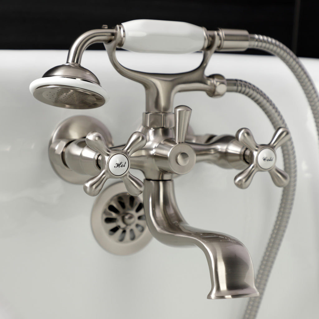 Kingston Three-Handle 2-Hole Tub Wall Mount Clawfoot Tub Faucet with Handshower