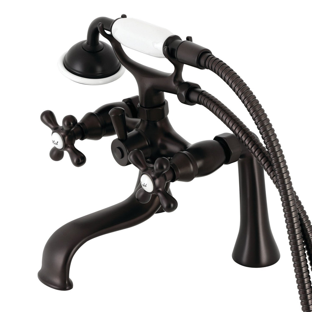 Kingston Three-Handle 2-Hole Deck-Mount Clawfoot Tub Faucet with Hand Shower