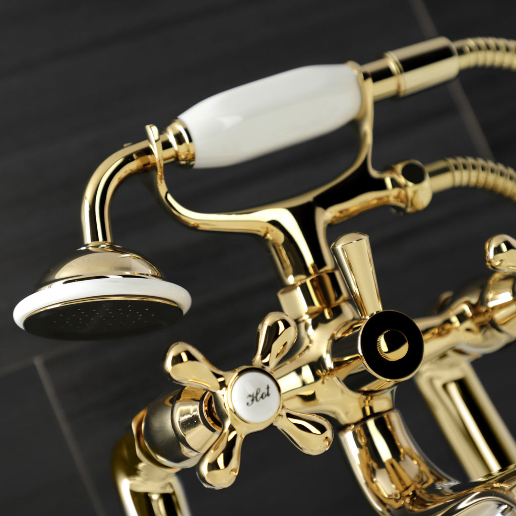 Kingston Three-Handle 2-Hole Deck-Mount Clawfoot Tub Faucet with Hand Shower