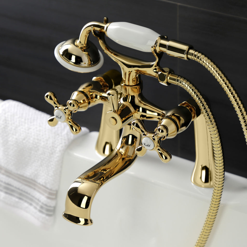 Kingston Three-Handle 2-Hole Deck-Mount Clawfoot Tub Faucet with Hand Shower