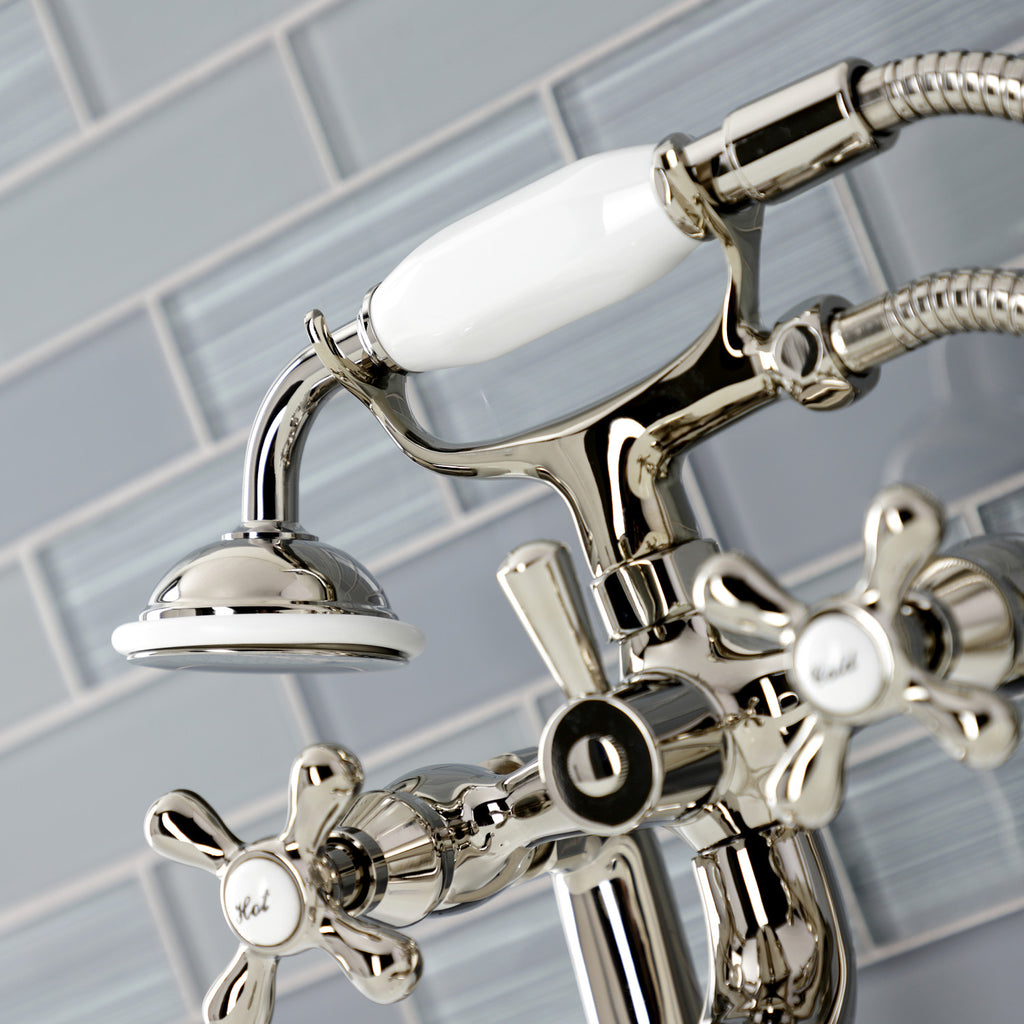 Kingston Three-Handle 2-Hole Deck-Mount Clawfoot Tub Faucet with Hand Shower