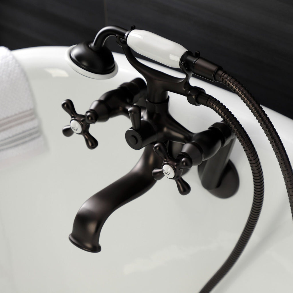 Kingston Three-Handle 2-Hole Tub Wall Mount Clawfoot Tub Faucet with Handshower