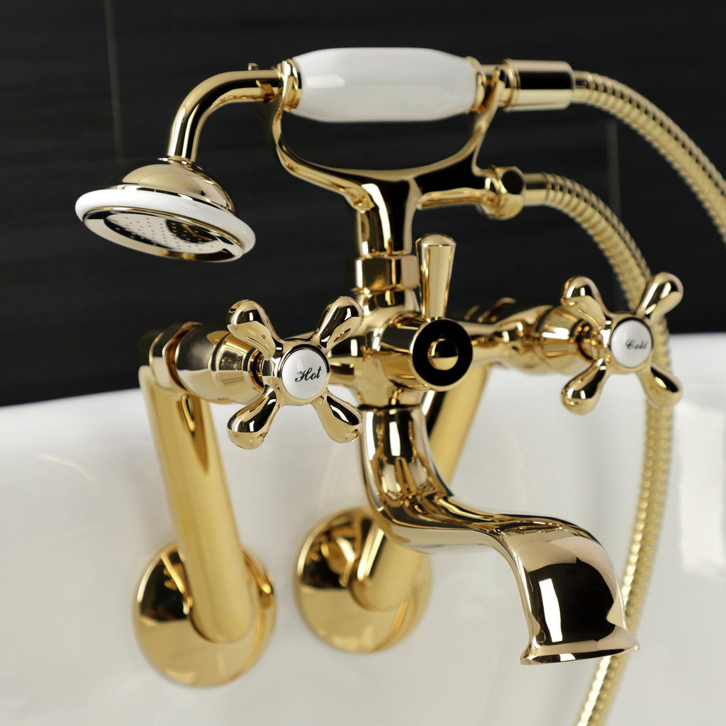 Kingston Three-Handle 2-Hole Tub Wall Mount Clawfoot Tub Faucet with Handshower