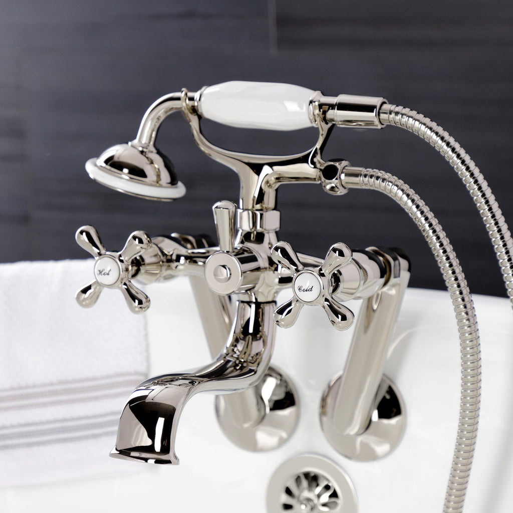 Kingston Three-Handle 2-Hole Tub Wall Mount Clawfoot Tub Faucet with Handshower