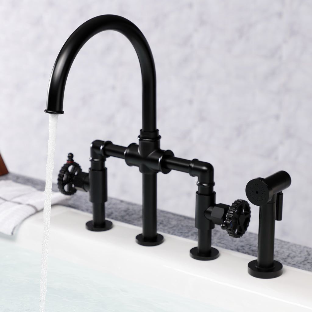 Fuller Two-Handle 4-Hole Deck Mount Industrial Style Bridge Kitchen Faucet with Brass Side Sprayer