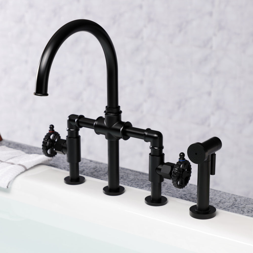 Fuller Two-Handle 4-Hole Deck Mount Industrial Style Bridge Kitchen Faucet with Brass Side Sprayer