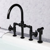 Fuller Two-Handle 4-Hole Deck Mount Industrial Style Bridge Kitchen Faucet with Brass Side Sprayer