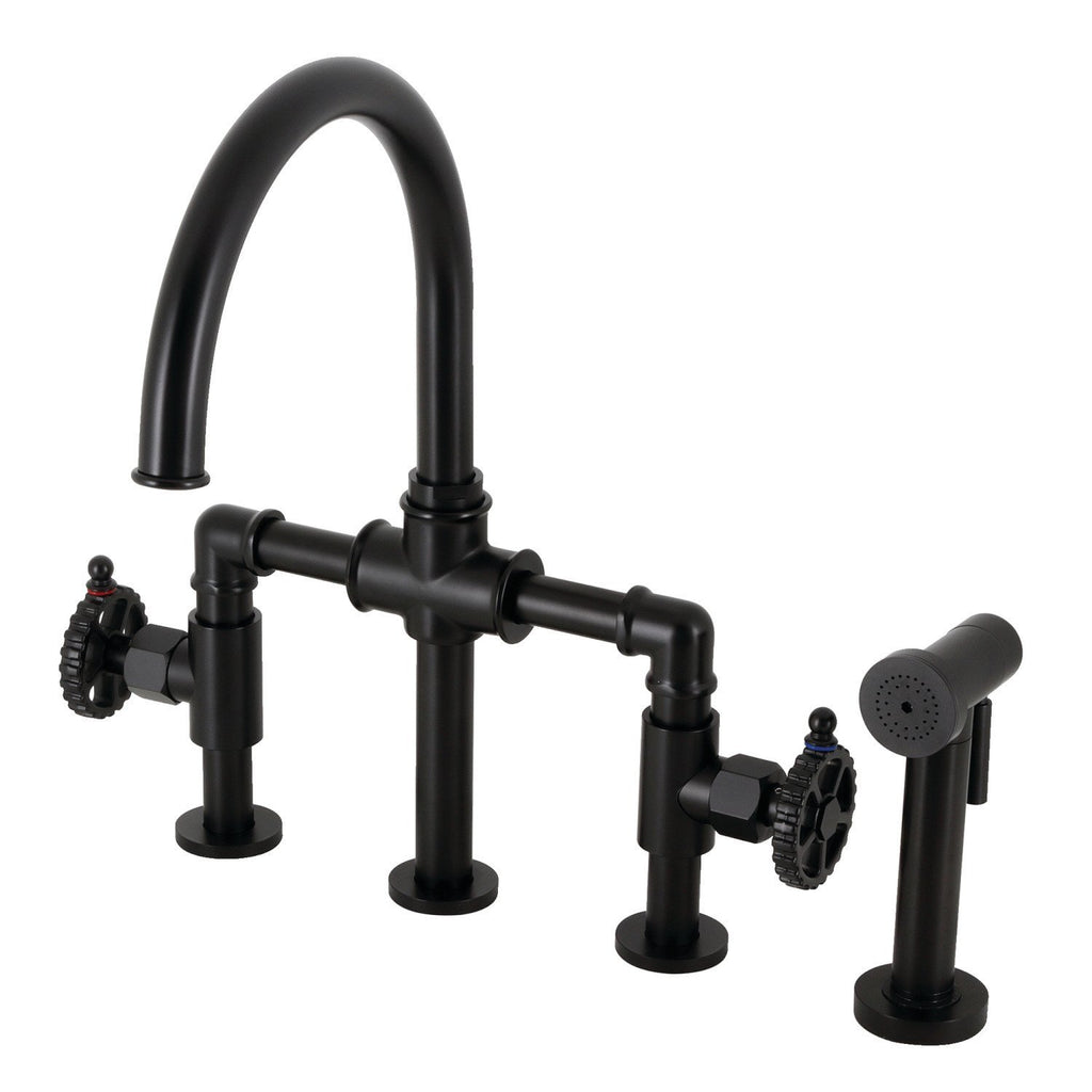 Fuller Two-Handle 4-Hole Deck Mount Industrial Style Bridge Kitchen Faucet with Brass Side Sprayer
