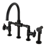 Fuller Two-Handle 4-Hole Deck Mount Industrial Style Bridge Kitchen Faucet with Brass Side Sprayer