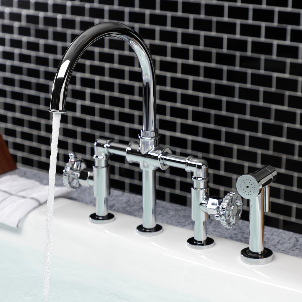 Fuller Two-Handle 4-Hole Deck Mount Industrial Style Bridge Kitchen Faucet with Brass Side Sprayer