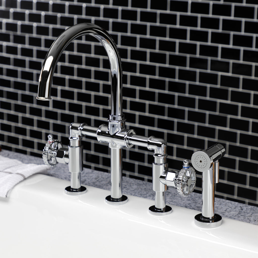 Fuller Two-Handle 4-Hole Deck Mount Industrial Style Bridge Kitchen Faucet with Brass Side Sprayer