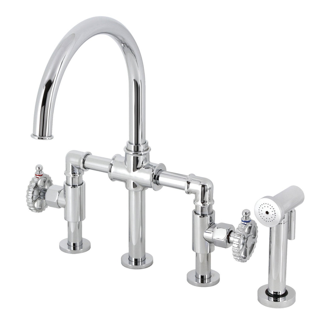 Fuller Two-Handle 4-Hole Deck Mount Industrial Style Bridge Kitchen Faucet with Brass Side Sprayer