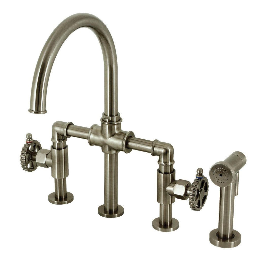 Fuller Two-Handle 4-Hole Deck Mount Industrial Style Bridge Kitchen Faucet with Brass Side Sprayer