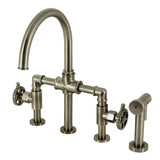Fuller Two-Handle 4-Hole Deck Mount Industrial Style Bridge Kitchen Faucet with Brass Side Sprayer