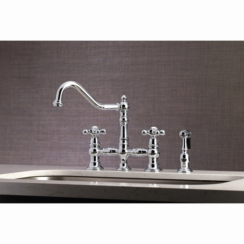 Restoration Two-Handle 4-Hole Deck Mount Bridge Kitchen Faucet with Brass Side Sprayer