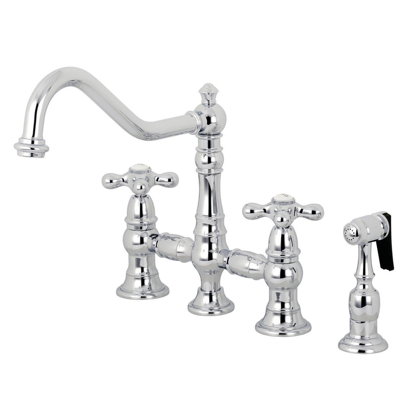 Restoration Two-Handle 4-Hole Deck Mount Bridge Kitchen Faucet with Brass Side Sprayer