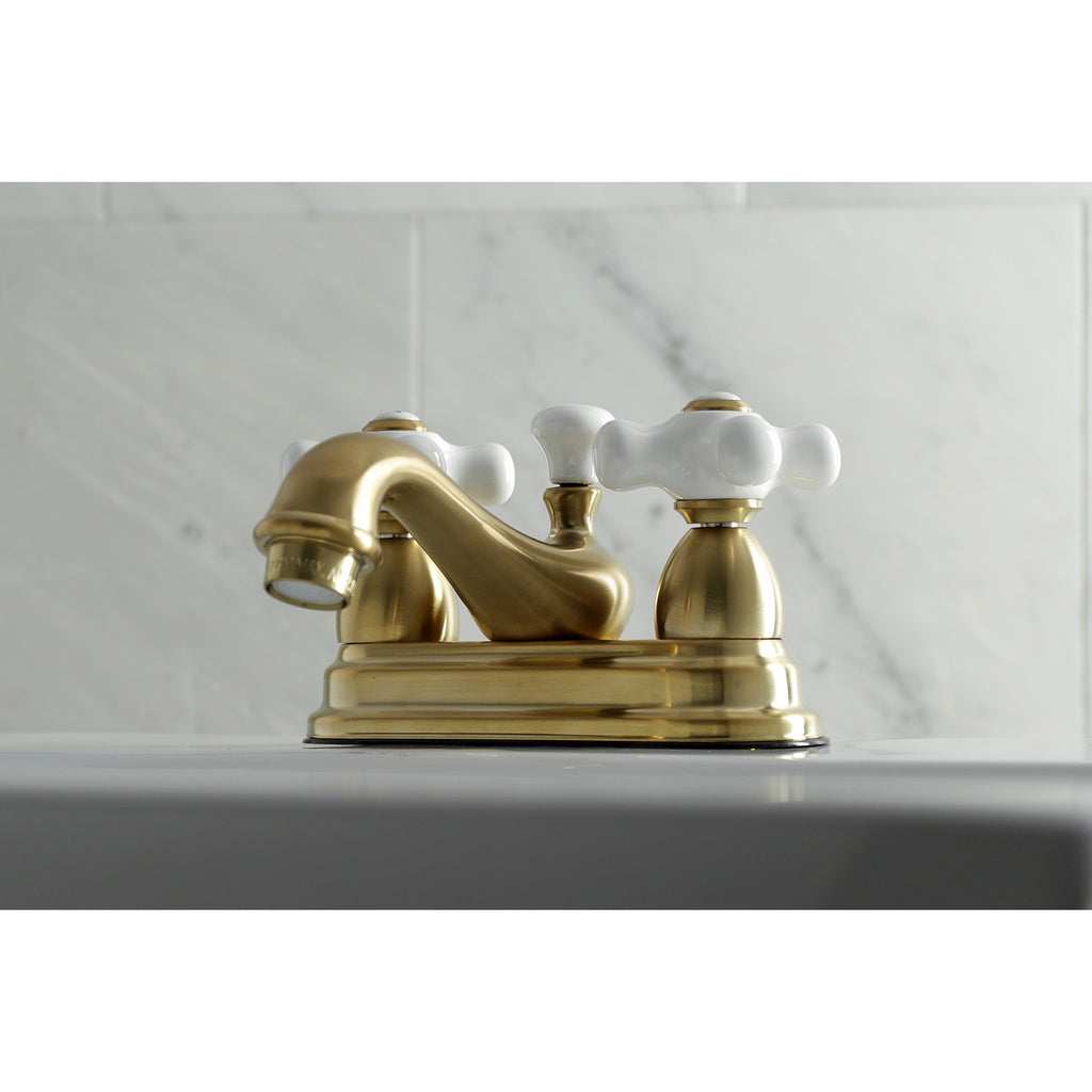 Restoration Double-Handle 3-Hole Deck Mount 4-Inch Centerset Bathroom Faucet with Brass Pop-Up
