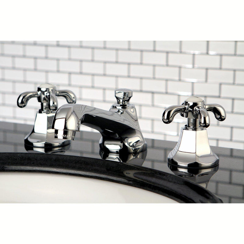 French Country Two-Handle 3-Hole Deck Mount Widespread Bathroom Faucet with Brass Pop-Up
