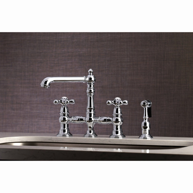 English Country Two-Handle 4-Hole Deck Mount Bridge Kitchen Faucet with Brass Side Sprayer