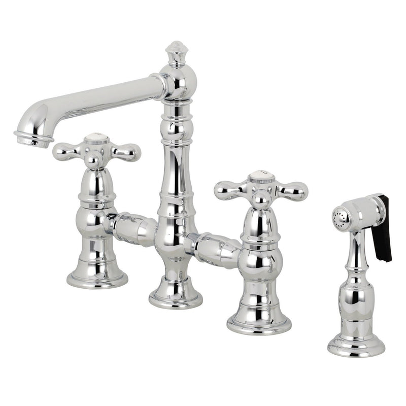 English Country Two-Handle 4-Hole Deck Mount Bridge Kitchen Faucet with Brass Side Sprayer