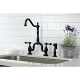 English Country Two-Handle 3-Hole Deck Mount Bridge Kitchen Faucet with Brass Sprayer
