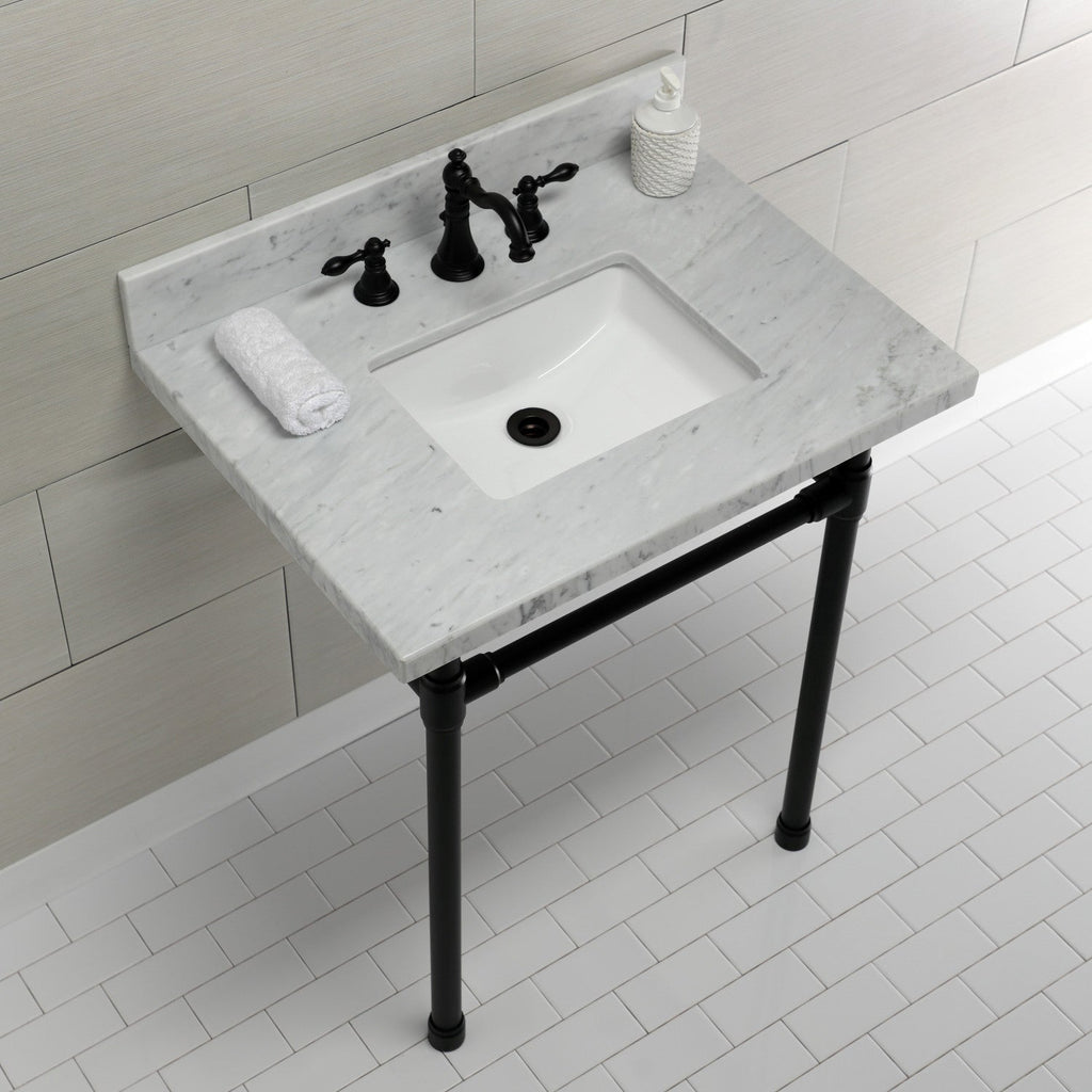 Dreyfuss 30-Inch Carrara Marble Vanity Top with Stainless Steel Legs (8-Inch, 3-Hole)