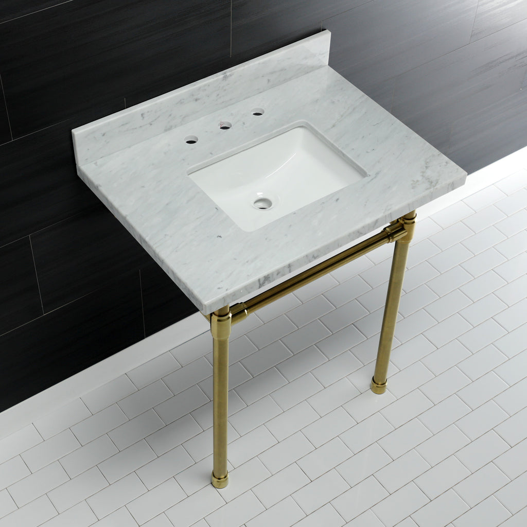 Dreyfuss 30-Inch Carrara Marble Vanity Top with Stainless Steel Legs (8-Inch, 3-Hole)