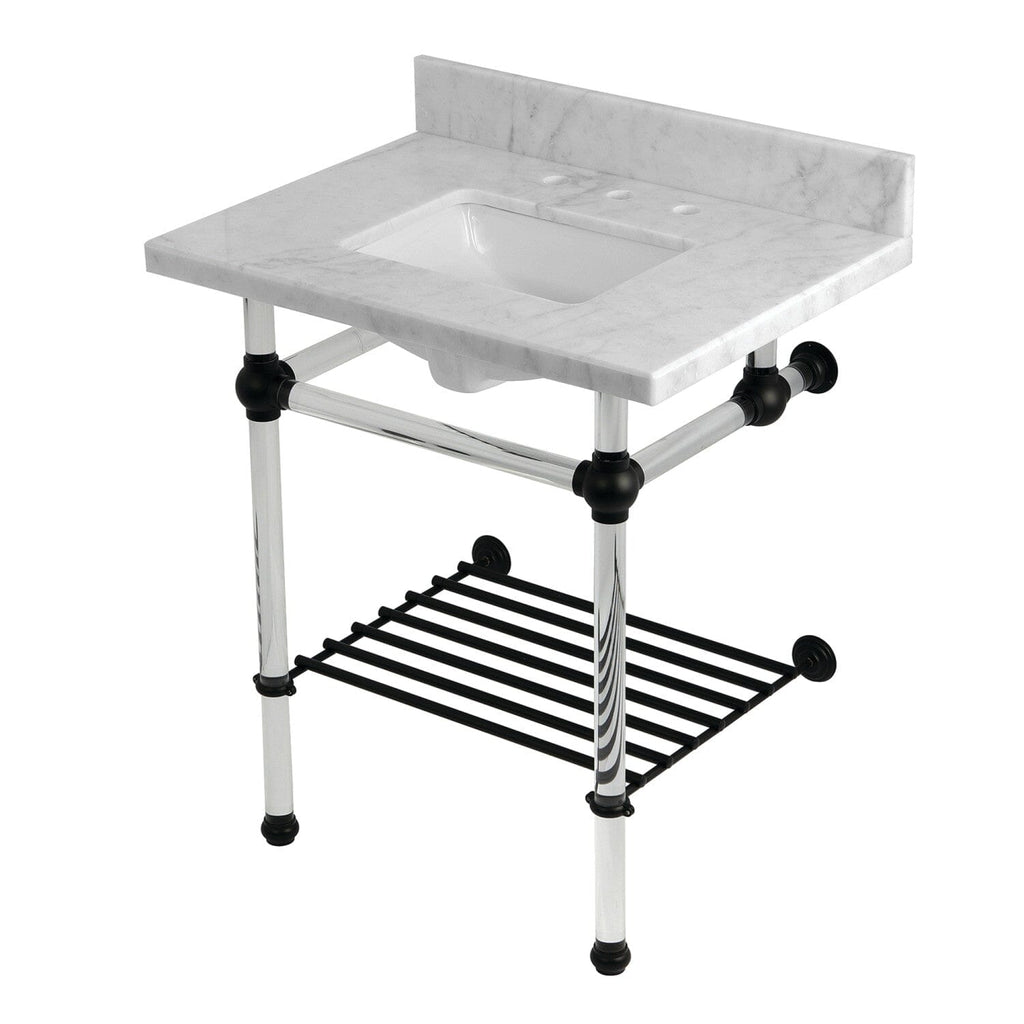 Templeton 30-Inch Carrara Marble Console Sink with Acrylic Legs and Shelf (8-Inch, 3-Hole)