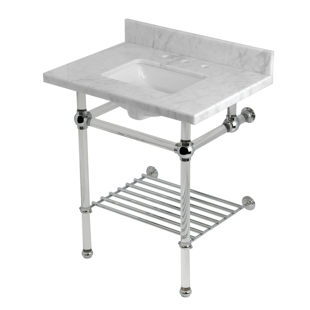 Templeton 30-Inch Carrara Marble Console Sink with Acrylic Legs and Shelf (8-Inch, 3-Hole)