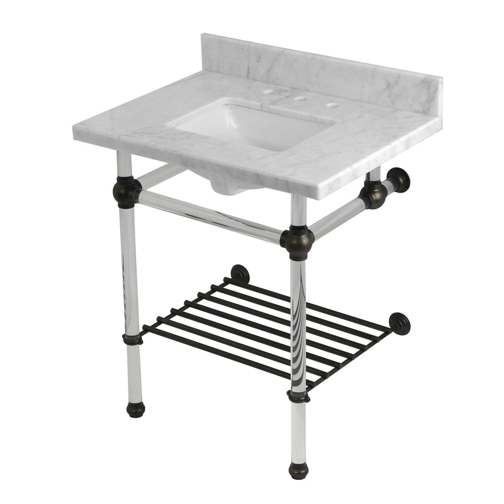 Templeton 30-Inch Carrara Marble Console Sink with Acrylic Legs and Shelf (8-Inch, 3-Hole)