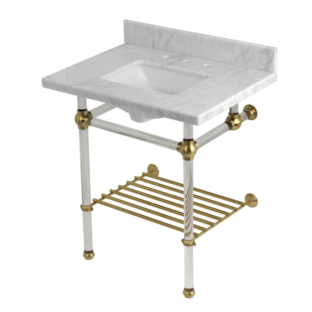 Templeton 30-Inch Carrara Marble Console Sink with Acrylic Legs and Shelf (8-Inch, 3-Hole)