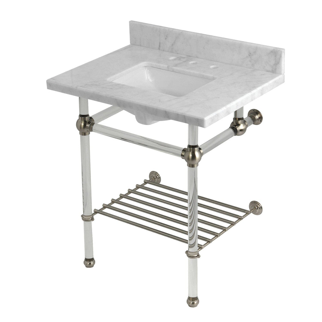 Templeton 30-Inch Carrara Marble Console Sink with Acrylic Legs and Shelf (8-Inch, 3-Hole)