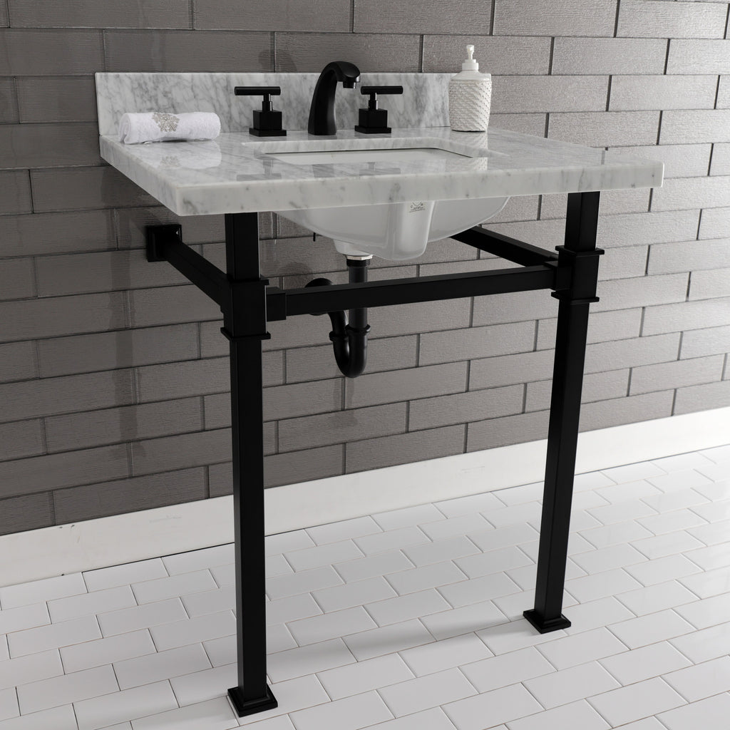 Monarch 30-Inch Carrara Marble Console Sink with Stainless Steel Legs (8-Inch, 3-Hole)