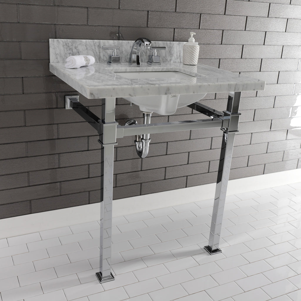 Monarch 30-Inch Carrara Marble Console Sink with Stainless Steel Legs (8-Inch, 3-Hole)
