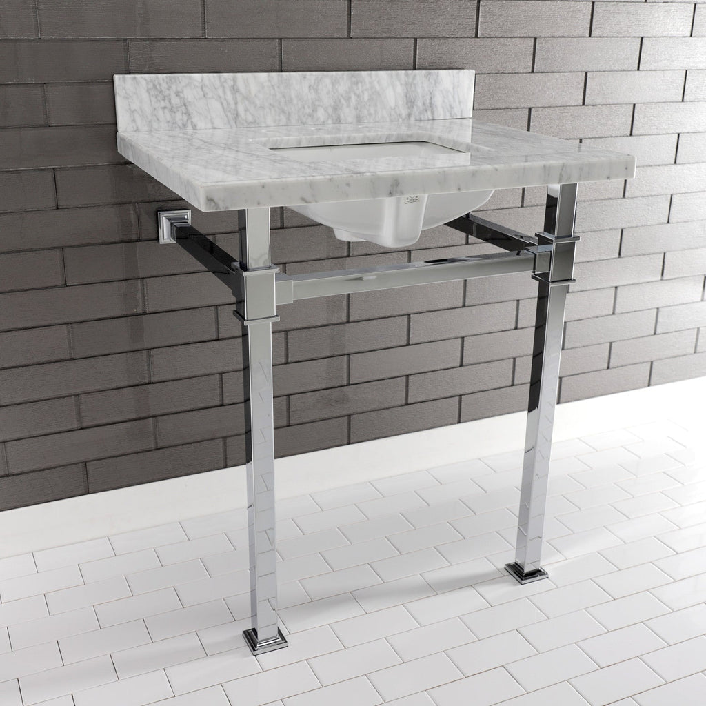 Monarch 30-Inch Carrara Marble Console Sink with Stainless Steel Legs (8-Inch, 3-Hole)