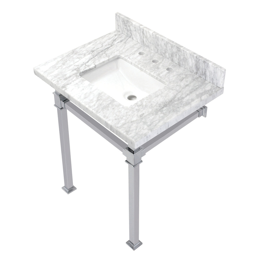 Monarch 30-Inch Carrara Marble Console Sink with Stainless Steel Legs (8-Inch, 3-Hole)