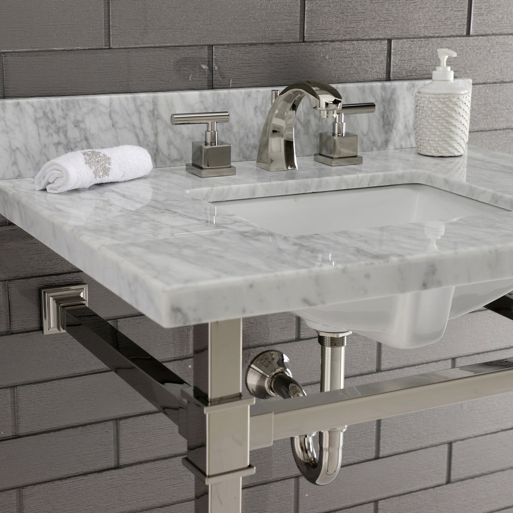 Monarch 30-Inch Carrara Marble Console Sink with Stainless Steel Legs (8-Inch, 3-Hole)