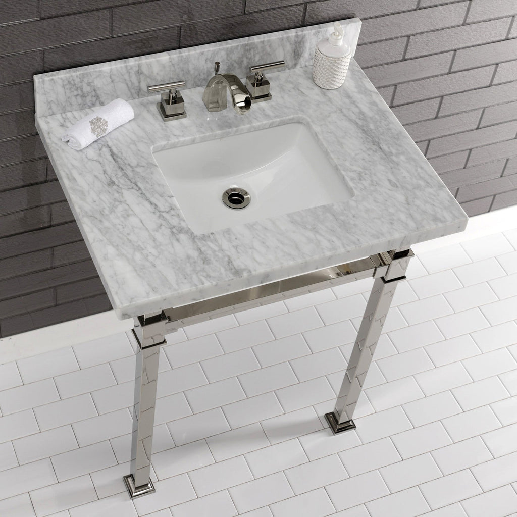 Monarch 30-Inch Carrara Marble Console Sink with Stainless Steel Legs (8-Inch, 3-Hole)