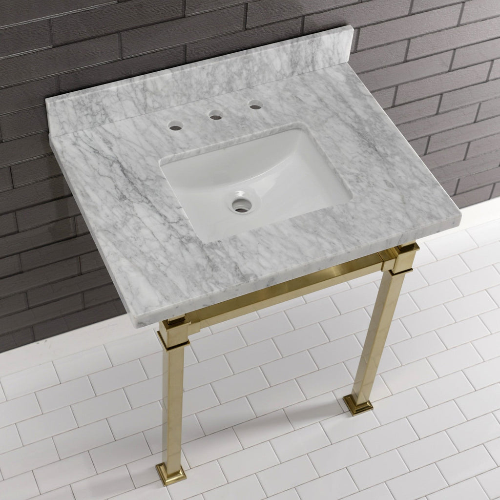 Monarch 30-Inch Carrara Marble Console Sink with Stainless Steel Legs (8-Inch, 3-Hole)