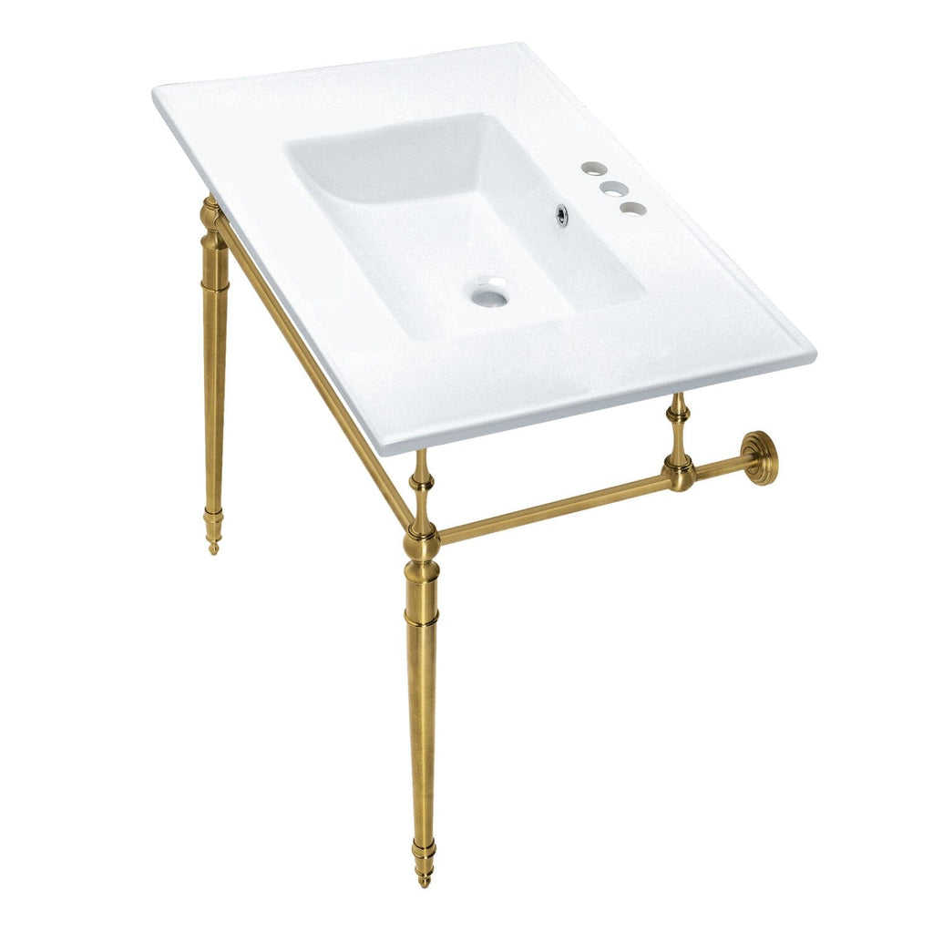 Edwardian 31-Inch Ceramic Console Sink with Brass Legs (4-Inch, 3-Hole)