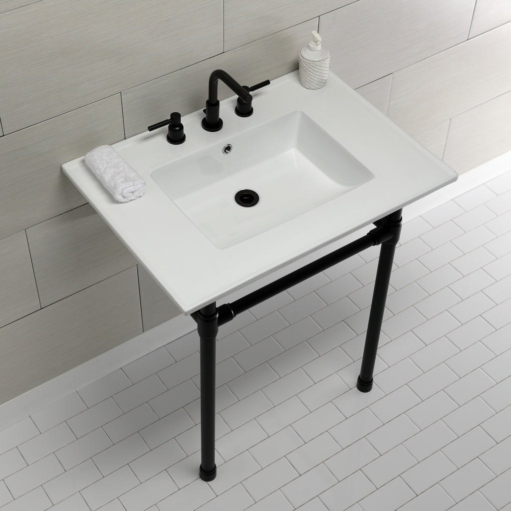 Dreyfuss 31-Inch Ceramic Console Sink with Stainless Steel Legs (8-Inch, 3-Hole)