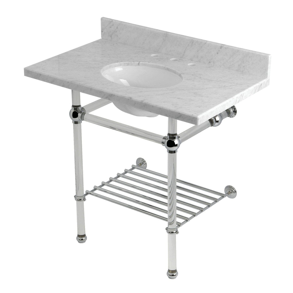 Templeton 36-Inch Carrara Marble Console Sink with Acrylic Legs and Shelf (8-Inch, 3-Hole)