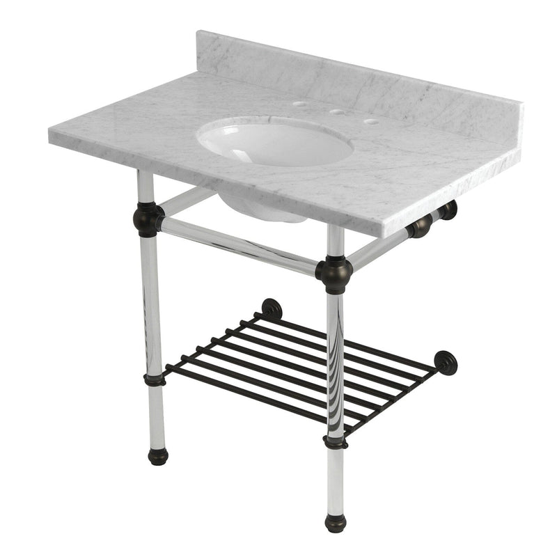 Templeton 36-Inch Carrara Marble Console Sink with Acrylic Legs and Shelf (8-Inch, 3-Hole)