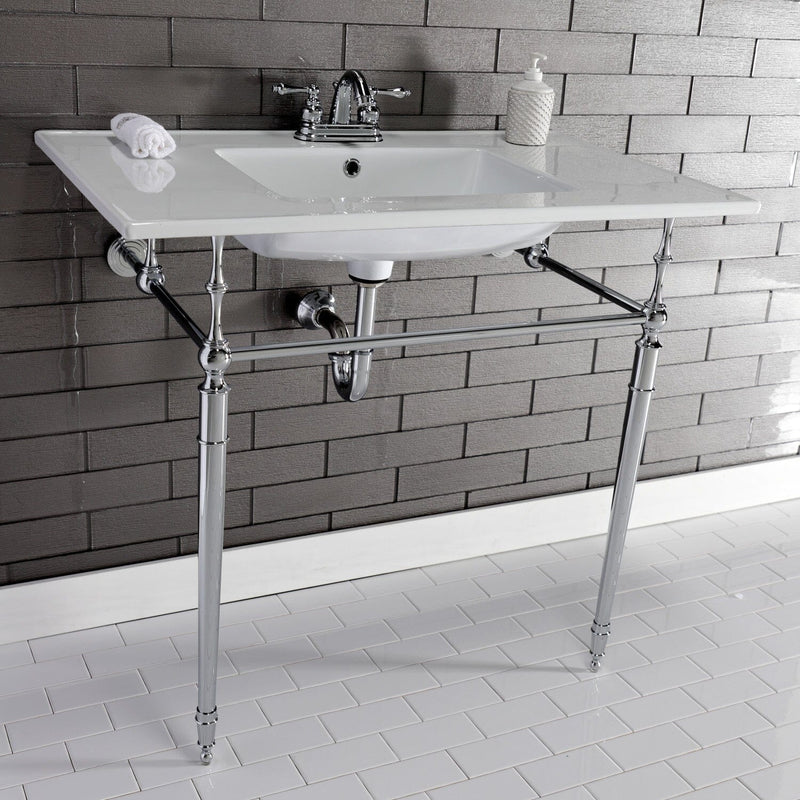 Edwardian 37-Inch Ceramic Console Sink with Brass Legs (4-Inch, 3-Hole)