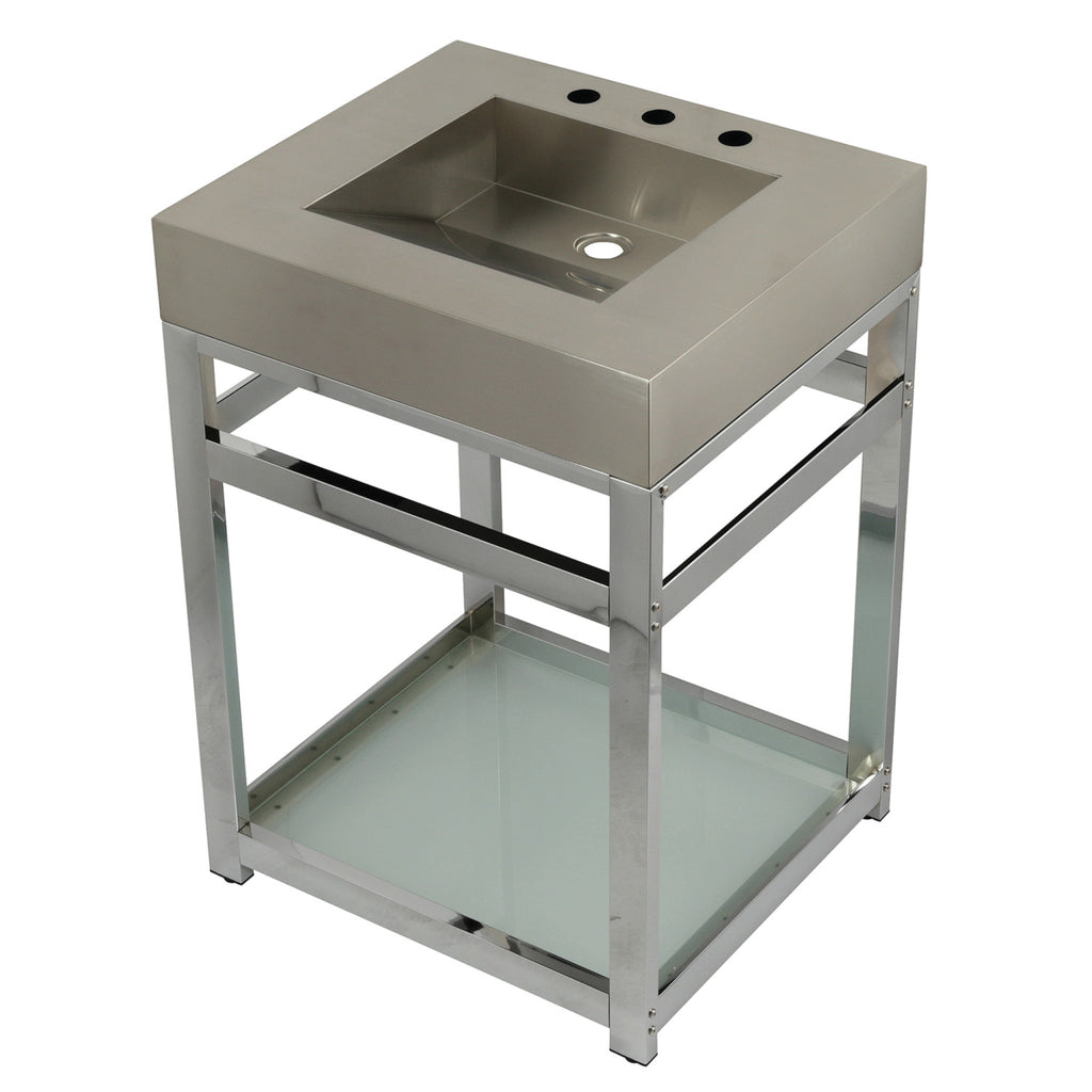 Kingston Commercial 25-Inch Stainless Steel Console Sink with Steel Base and Glass Shelf (8-Inch, 3-Hole)