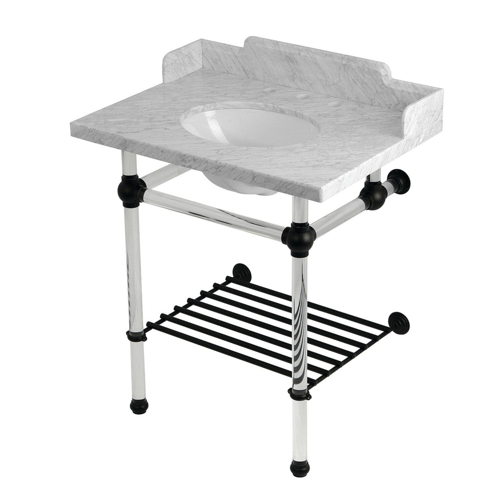 Pemberton 30-Inch Carrara Marble Console Sink with Acrylic Legs and Shelf (8-Inch, 3-Hole)